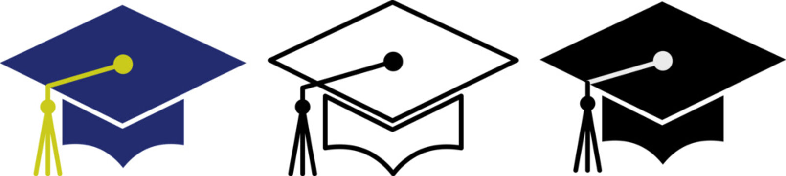 Traditional Graduation Hat Icons with Different Styles, Blue and Gold Academic Mortarboard Set, Higher Education Degree and Scholarship Symbol Graphics