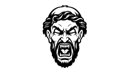 Obraz premium Furious Man Face with Bared Teeth, Angry Expression, Aggressive Emotion, Black and White Vector Art