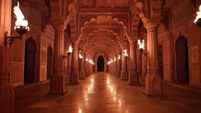 Majestic Maharana Pratap Palace Hallway with Burning Golden Fire Torches