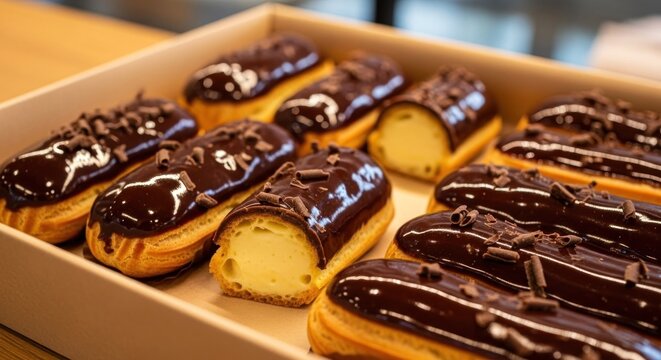 Assorted Chocolate Eclairs in Box Closeup.