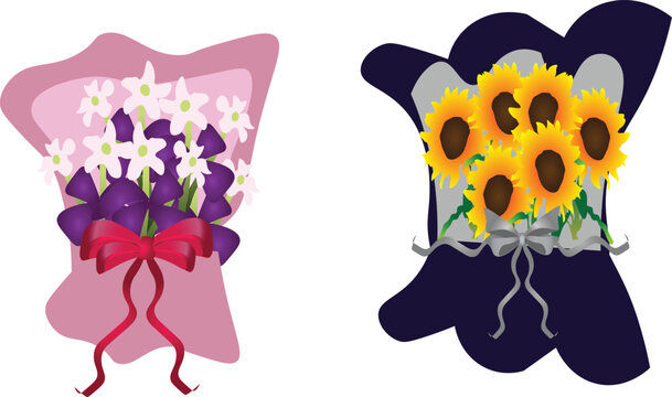 Decorative Flower Bouquet with Ribbon Wrap in Minimal Flat Vector Style. A stylized flower bouquet illustration featuring sunflowers and small blossoms wrapped in decorative paper.