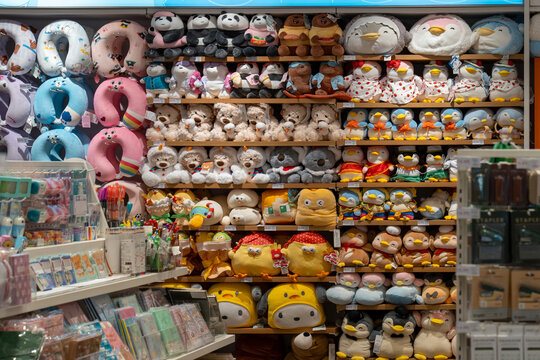 Modern stylish designer goods, accessories, toys on the shelves of the store. Interior of Miniso brand store. Minsk, Belarus - March 30, 2026