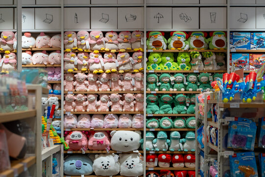 Modern stylish designer goods, accessories, toys on the shelves of the store. Interior of Miniso brand store. Minsk, Belarus - March 30, 2026