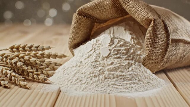 This features a close-up shot of a burlap sack spilling white flour onto a wooden surface, with wheat stalks arranged beside it. The background is blurred with a warm, cozy lighting.