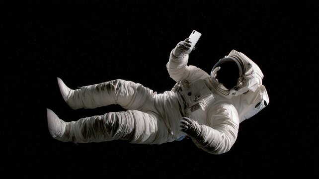 宇宙空間でスマートフォンを操作する宇宙飛行士の姿。宇宙技術や未来のコミュニケーションイメージに最適な素材。