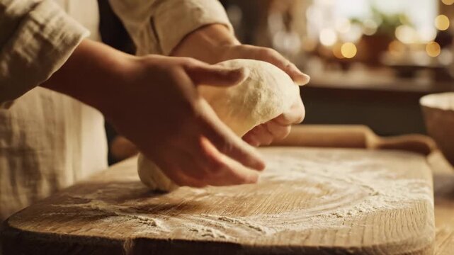 This shows a person expertly kneading dough on a wooden cutting board, preparing to bake homemade bread in a cozy kitchen with warm lighting.