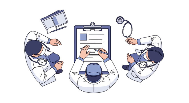 Vector illustration of a medical team reviewing patient charts and vital documents. Healthcare professionals collaborating in a consultation meeting, discussing important diagnoses and treatment