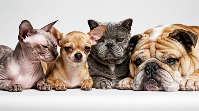 This features a group of small pets posing together on a white background. The diverse group includes a hairless cat, a tiny chihuahua, a bat ear bulldog, and a french bulldog, all showcasing their