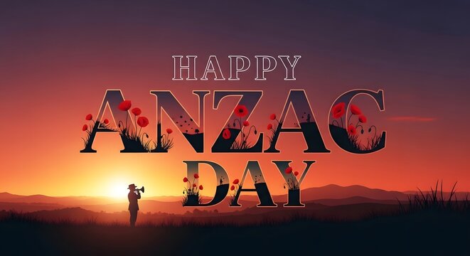 Happy anzac day with poppies, bugler silhouette, and sunrise landscape