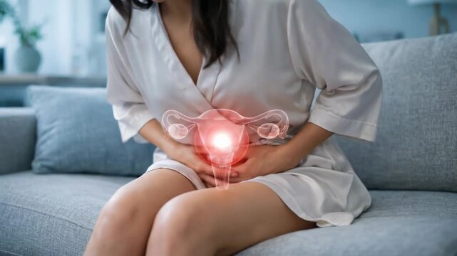 Woman suffering from severe lower abdominal pain with glowing red uterus graphic. Concept of painful menstruation, endometriosis, uterine cancer, HPV, or gynecological diseases.