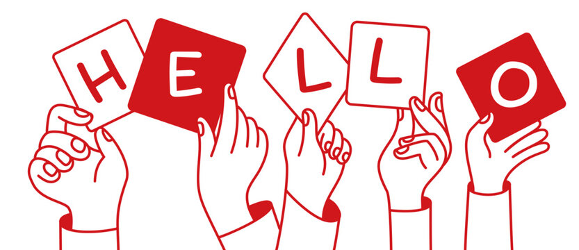 Hands holding hello phrase. Vector simple linear illustration, hands and gesture, hand drawn illustration, poster, logo, print design template, business and creative work concept,