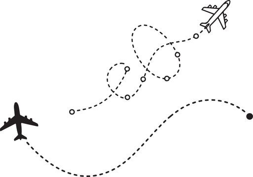 Aircraft flight path vector elements with dotted route line from a location point. Airplane silhouette showing travel direction and waypoint navigation concept