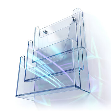 Transparent acrylic wallmounted brochure holder for displaying promotional materials.