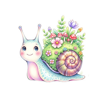 Cute cartoon snail with a garden on its back, smiling happily, isolated on white.