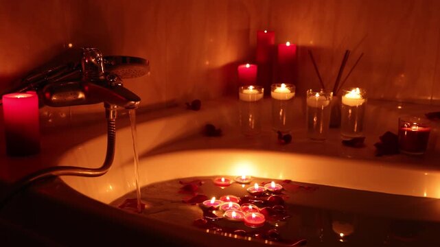 Romantic atmosphere. Bathtub with burning candles, air reed freshener and petals in bathroom, closeup. Camera moving right