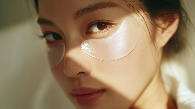 目元に透明なアイパッチをつけた女性のアップ顔写真。スキンケアや美容関連のイメージ素材