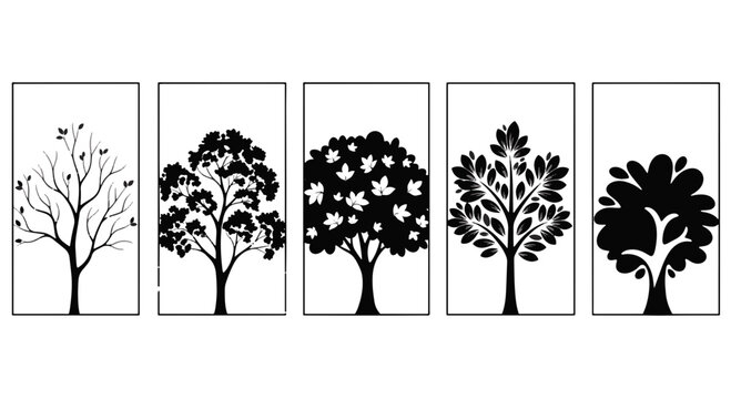 Five Distinct Minimalist Black Tree Silhouettes in Decorative Panels Design