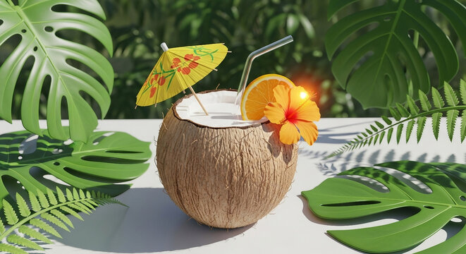 Refreshing coconut drink with orange slice and tropical greenery