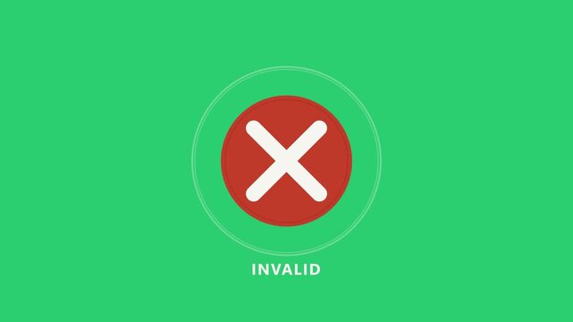 Red cross mark with white text invalid centered on a vibrant green background representing a rejection status sign for user interface design projects