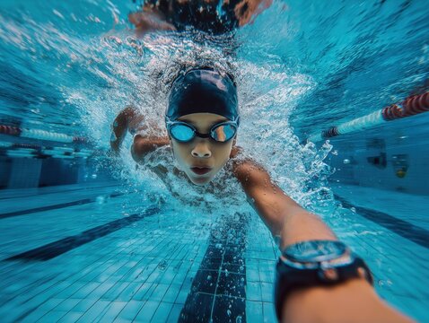 Young boy swimming freestyle underwater in a competition pool, intense focus, water splashes, and determined expression