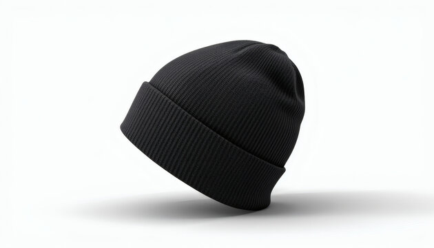 Black Ribbed Beanie Hat Side View Isolated on White Background