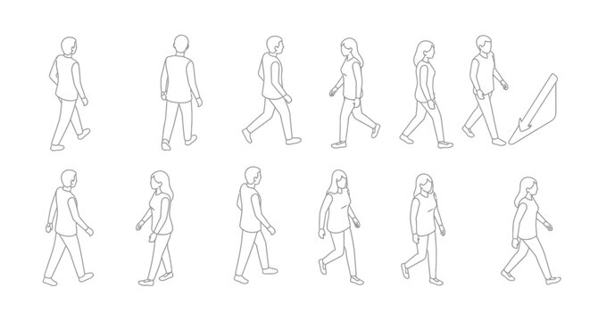 Diverse Group of People Walking in Various Poses, Hand-Drawn Line Art.