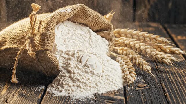 This features a close-up shot of a burlap sack filled with white flour that has been poured onto a rustic wooden table. The sack sits on the left side of the frame, with wheat grains spilling out to