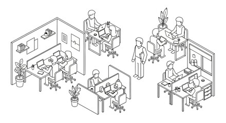 Obraz premium Isometric line art illustration of a bustling office environment with employees working diligently at their desks.