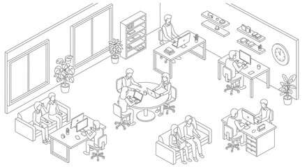 Obraz premium Isometric line art illustration of a modern office interior with people working.