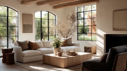 Fototapeta premium Bright and Airy Modern Farmhouse Living Room with Comfortable Sectional and Large Windows