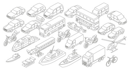 Obraz premium Isometric Outline Collection of Various Transportation Vehicles and Modes.