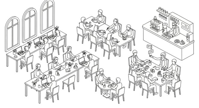 Isometric line art illustration of a bustling co-working space with people working and dining.