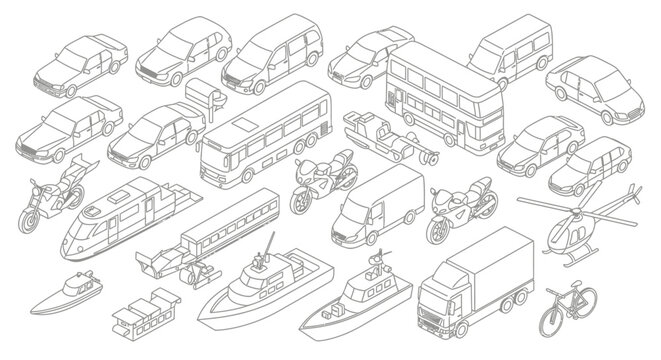 Isometric Outline Collection of Various Transportation Vehicles and Modes.