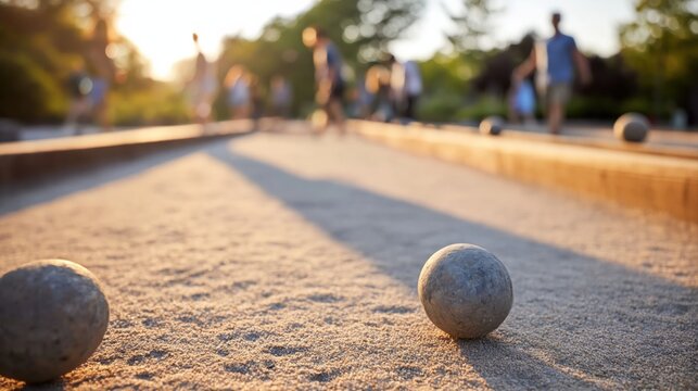 Bocce balls resting on a court with blurred people playing in the background during a golden hour sunset, showing recreation