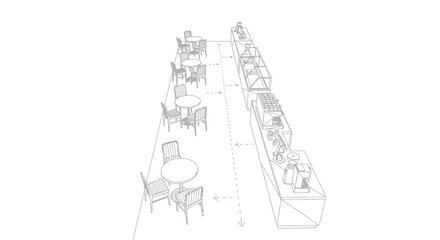 Fototapeta premium Wireframe rendering of a modern buffet restaurant layout with dining tables and food stations.