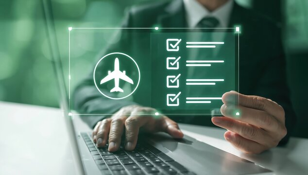 Businessman typing on laptop, selecting flight booking and checklist items for efficient travel planning on a virtual screen