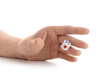 Fototapeta premium Female hand throwing game dice on white background