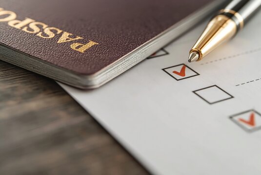Passport laying on a document with a pen, checking off items for visa application, immigration paperwork, or travel preparation