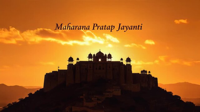 Maharana Pratap Jayanti celebration featuring a majestic silhouette of an Indian fortress at sunset