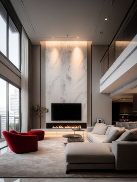 Modern Luxury Duplex Apartment Living Room with High Ceilings, Fireplace, and City View