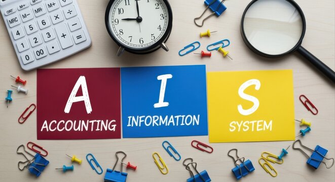 Accounting Information System (AIS) concept with office supplies, calculator, clock, and magnifying glass on a desk