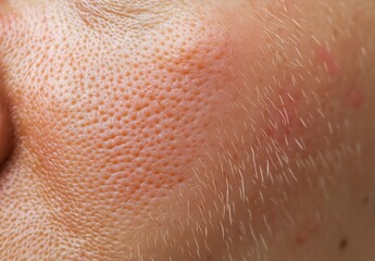 Fototapeta premium Close up of human skin texture with visible open pores and fine hair. Concept of dermatology, health, and epidermis
