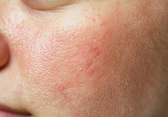 Fototapeta premium Human facial skin with visible redness and rash, indicating dermatitis or a sensitive skin condition