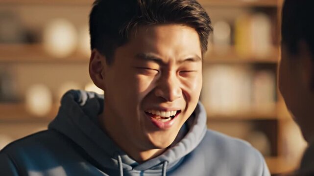 Young Asian man shows genuinely surprised expression indoors