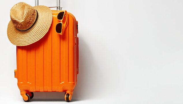 Orange hard shell suitcase with a straw hat and sunglasses, representing summer vacation and travel on a white background