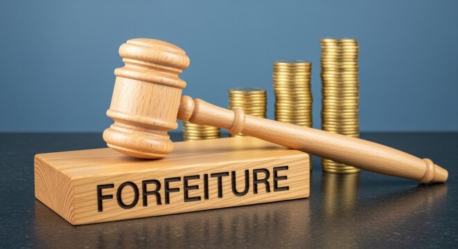 Wooden Gavel and Stacks of Coins Representing Financial Forfeiture and Legal Judgment