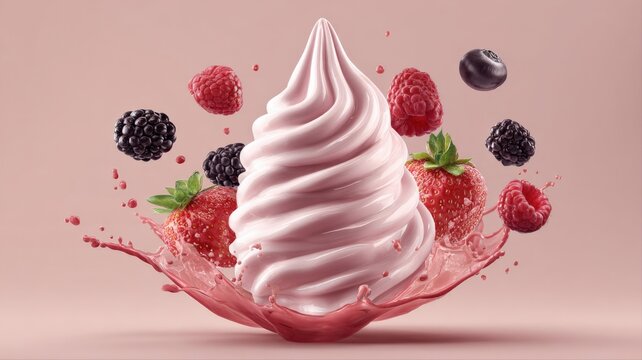 Creamy Swirl of Pink Soft Serve Ice Cream with Fresh Berries and Splashing Sauce