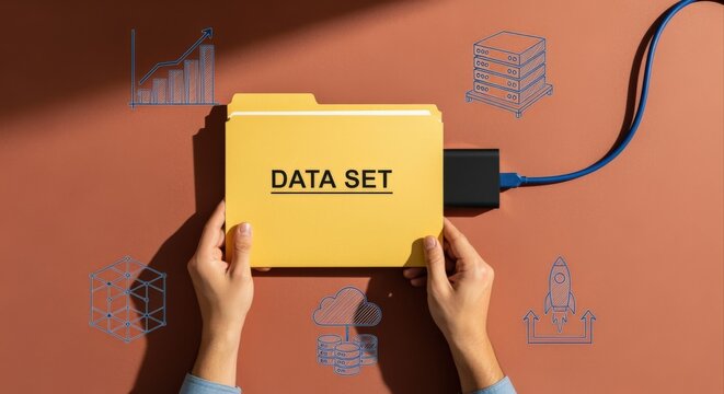 Hands Holding Yellow Folder Labeled DATA SET Connected to Computer with Data Icons Floating Around