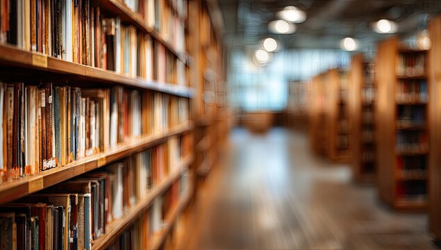 Long shot of a quiet library with towering bookshelves filled with many old books