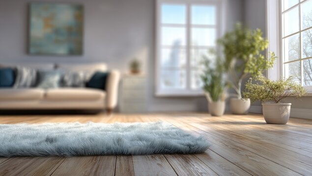 Soft blue rug in focus on wooden floor of blurred, bright, inviting living room